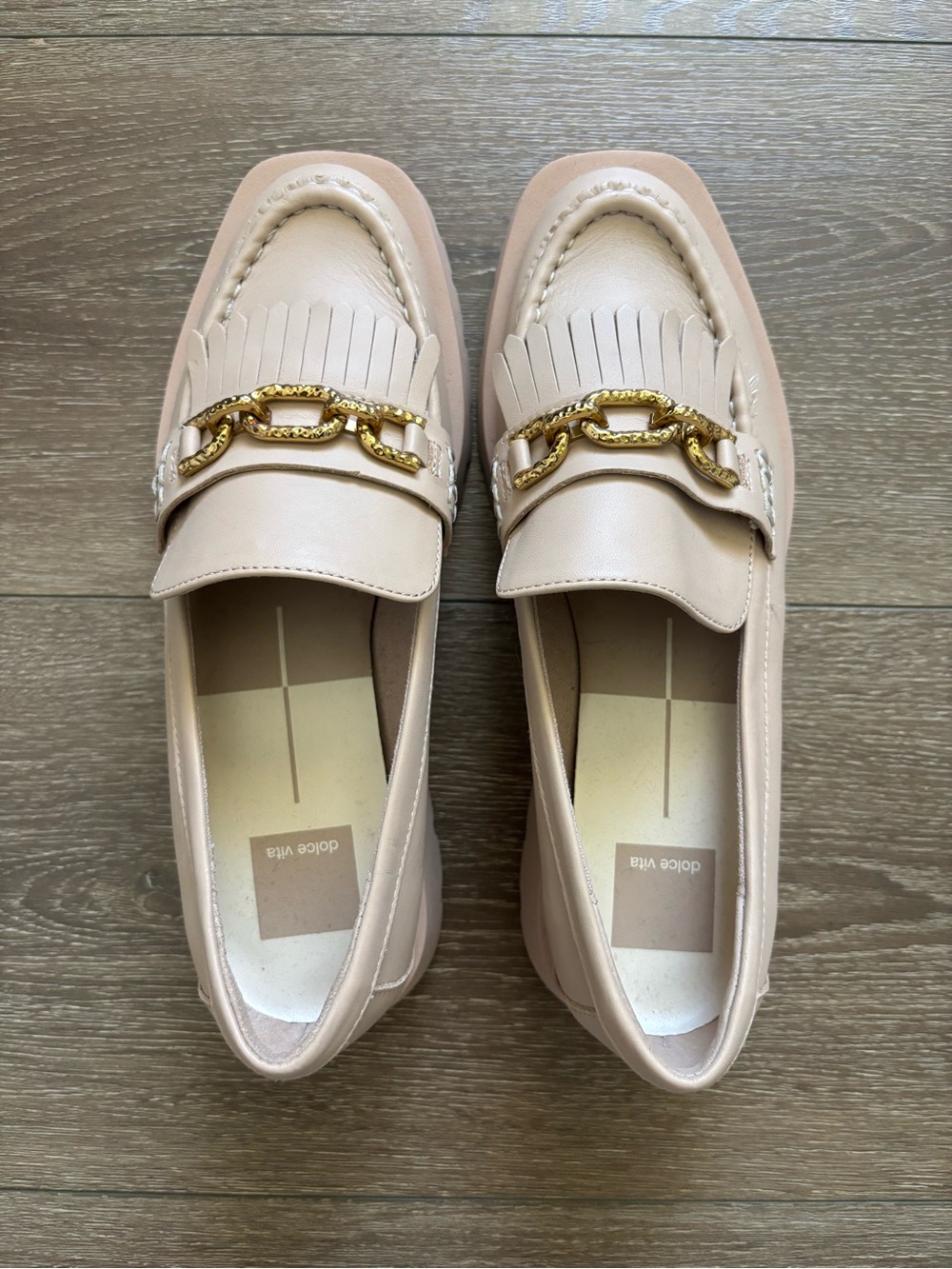 Dolce Vita Cream Fringe Loafers with Gold Chain Detail